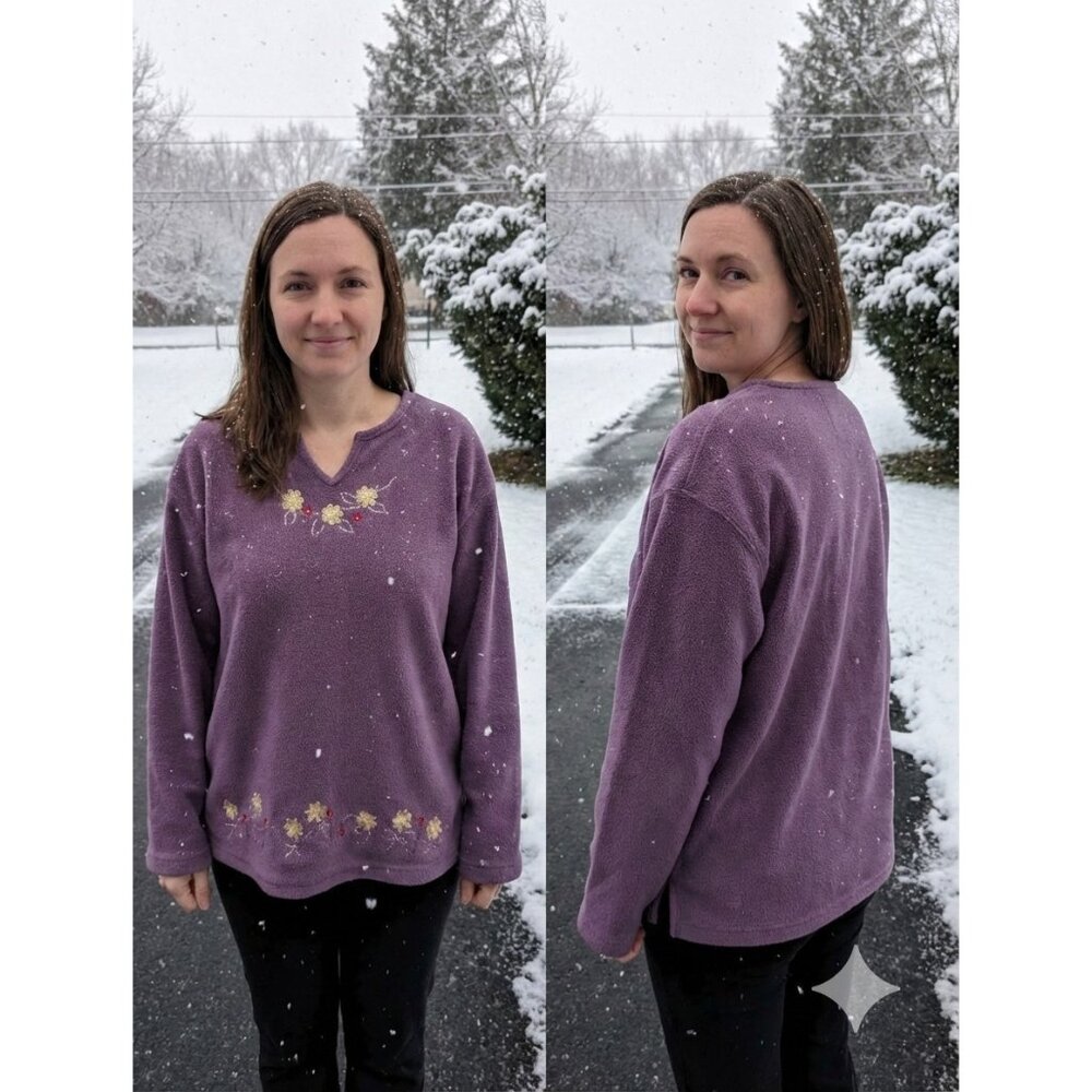 Arctic Image Vintage 90s Grandma Purple Fleece Pullover Floral Embroidered L